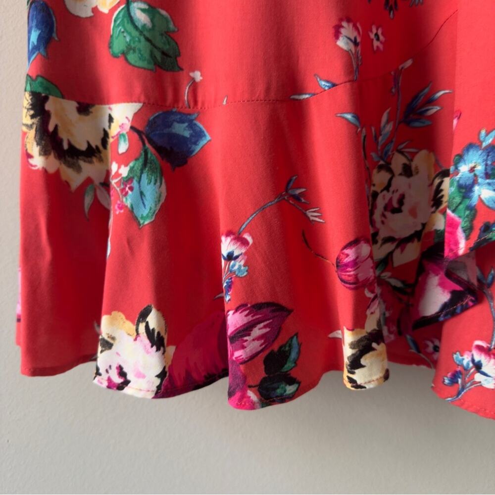 Express Floral Mini Faux Rap Dress adjustable spaghetti straps tropical ruffle M - Picture 12 of 15